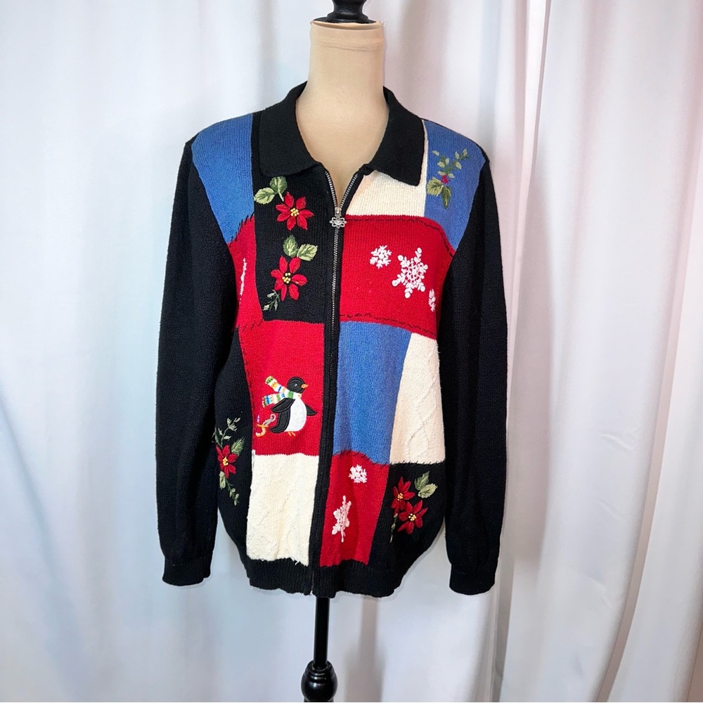 Vintage Alfred Dunner Sz M‎ Full Zip Cardigan Christmas Sweater Color Block EUC